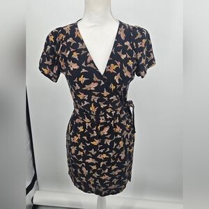 Myne Yellow And Cream Print On Black Floral Wrap Mini Dress Size 4 (6565)